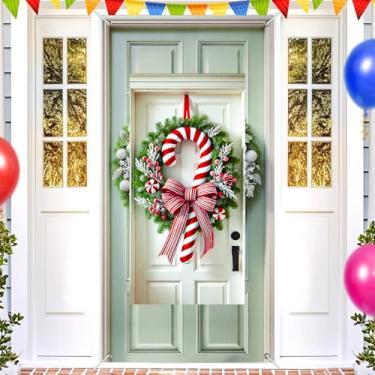 Imagem de BlissYard Capa de porta de Natal, guirlanda de bengala doce, faixa para porta de fim de ano, 188 x 89 cm, decoração de parede de varanda para ambientes internos e externos, vermelho, branco, verde