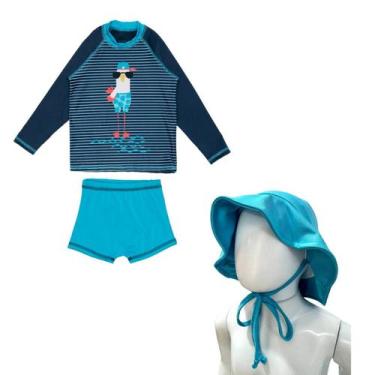 Imagem de Conjunto Menino Blusa Sunga Forrada + Chapéu Proteção Solar - Fofotinh