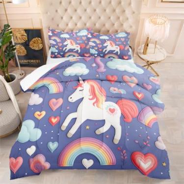 Imagem de XiRiDa Jogo de cama solteiro de microfibra, com estampa de unicórnio, nuvens, conjunto de edredom para quarto de crianças e adultos com fronhas
