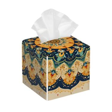 Imagem de Porta-lenços de papel quadrado de couro impermeável étnico mandala retrô facial organizador de papel com cinto inferior cubo estojo de lenços para mesa, banheiro, escritório, mesa, carro, decorativo