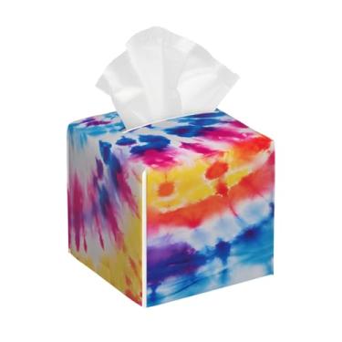 Imagem de Porta-lenços de papel quadrado de couro impermeável tie dye colorido retrô facial organizador de papel com cinto inferior cubo estojo de lenços para mesa, banheiro, escritório, mesa, carro, decorativo