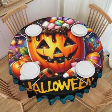 Imagem de Toalha de mesa redonda com caldeirão mágico laranja de Halloween, impermeável, lavável, 152 cm, capa de mesa circular, protetor de mesa para jantar, cozinha, festa, pátio, decoração interna e externa