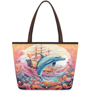 Imagem de Sacola grande para mulheres animal veleiro golfinho flor trabalho sacos de pano com zíper reutilizável mercearia bolsa casual viagem pernoite bolsa bolsa adequada para viagens, trabalho, férias, praia