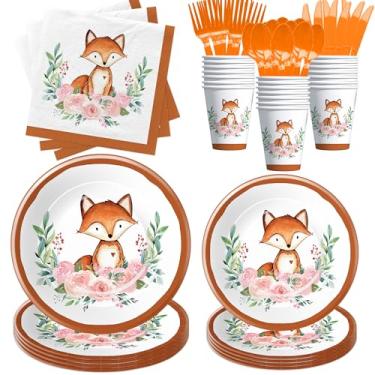 Imagem de Xenorik Utensílios de mesa para festa de aniversário da raposa – Criaturas da floresta, animais da floresta, raposa, decoração de chá de bebê, louça, prato de papel, copo, guardanapo, talheres