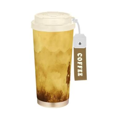 Imagem de SEHANY Caneca de viagem vintage caubói ocidental 482 g xícaras de café reutilizáveis revestidas de cerâmica com tampa à prova de vazamento, parede dupla, isolamento a vácuo, copo de café de aço