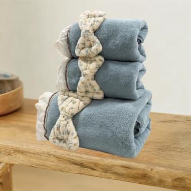 Imagem de USTIDE 3 peças adorável conjunto de toalhas de banho azul com laço fofo - toalhas de veludo coral macio para crianças e família, altamente absorvente, secagem rápida (1 toalha de banho, 2 toalhas de