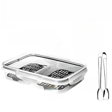 Imagem de Pote Hermético Com Pegador de Frios Porta Frios Com Escorredor Trava Tampa 2 Divisórias Retangular(4 Unidades)