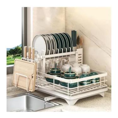 Imagem de HGTRH Escorredor de cozinha, escorredor de pratos de 2 níveis com suporte de utensílio de dreno e compartimentos para facas, aço carbono, economia de espaço, branco