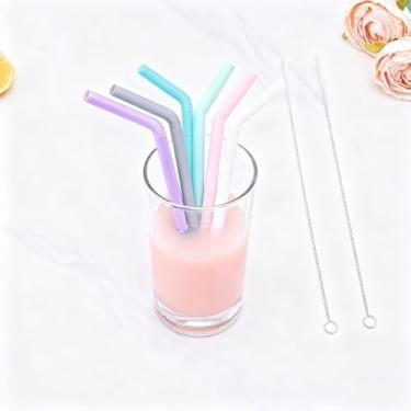 Imagem de Canudos reutilizáveis de silicone, cores pastel de 25 cm, pacote com 6 com escovas de limpeza, canudos em roxo, cinza, azul, menta, rosa, branco