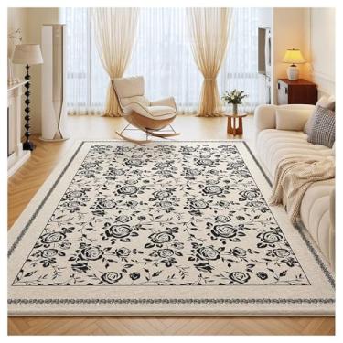Imagem de SPXMQSS Tapetes florais laváveis, tapete vintage para sala de estar, antiderrapante, pilha baixa, não cai, fácil de limpar para sala de estar, quarto, sala de jantar, escritório em casa - bege preto J