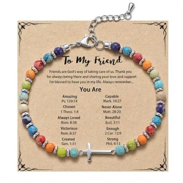 Imagem de QILMILY Pulseira de cruz delicada para mulheres – Pulseiras coloridas banhadas a ouro 14 K, presentes cristãos para mulheres, amigas, irmãs, amantes, | 30º 40º 50º aniversário, Páscoa, Natal, meias