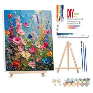 Imagem de Hutarosl Pintura de flores por números com moldura para adultos - com cavalete de madeira, pintura de adulto por número, pintura em tela de flores por números para adultos, presentes e decoração de