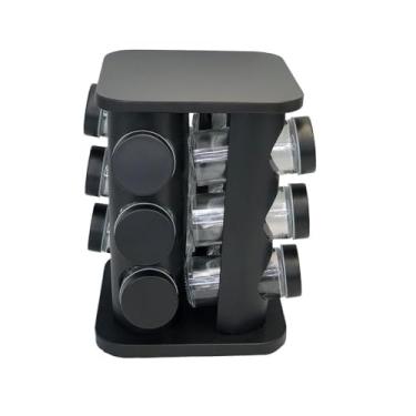 Imagem de Porta Condimentos Giratório com 12 Potes de Plástico, Preto, 80ml, Organizador de Temperos Rotativo