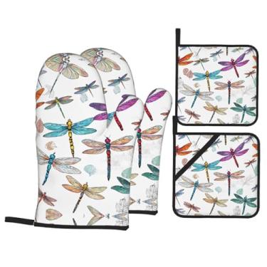 Imagem de Conjunto de luvas de cozinha com estampa de libélula colorida com suportes de tampa, luvas de forno resistentes ao calor para manusear panelas quentes, grelhar, churrascos, kit de 4 peças.