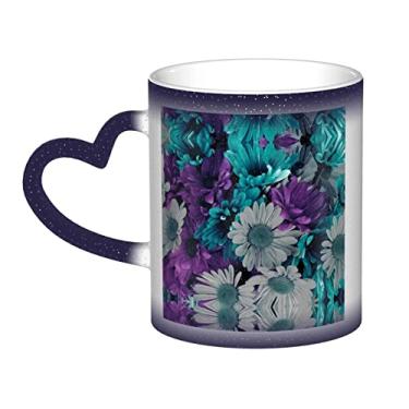 Imagem de Xícara de café divertida com flores roxas e azul-petróleo, copo de cerâmica que muda de cor sensível ao calor 12 Oz, para café/chá/leite/cacau, para adolescente/aniversário/festival/presentes