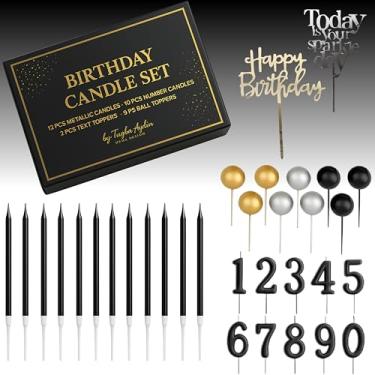 Imagem de por Tugba Aydan – Conjunto de 33 velas pretas de aniversário com número de velas 0 a 9, velas longas metálicas, topo de bola e texto – Kit completo de decoração de bolo para festas de aniversário de