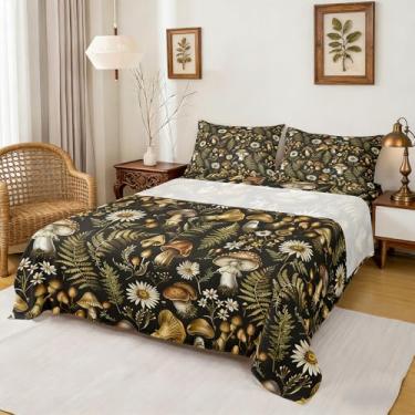 Imagem de Castle Fairy Jogo de cama solteiro de cogumelo, folhas verdes margaridas dos anos 70, para crianças, adolescentes e adultos, lençol com elástico, 1 fronha