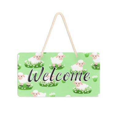 Imagem de Burbuja Placa de boas-vindas com desenho animado de ovelha na grama para porta da frente, placa de boas-vindas de PVC para decoração de férias, 15 x 28 cm