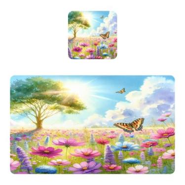 Imagem de Burbuja Jogo americano conjunto de 2, tapete de mesa de cozinha de PVC ensolarado campo de flores antiderrapante resistente ao calor à prova d'água para mesa de jantar, lavável, 30,5 x 45,7 cm