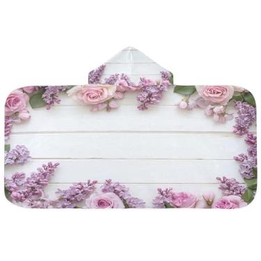 Imagem de Burbuja Rosas rosas lilás em toalha de banho com capuz de madeira para crianças, toalha de praia de pelúcia macia absorvente para chá de meninas e meninos 3-10 anos, 61 x 127 cm