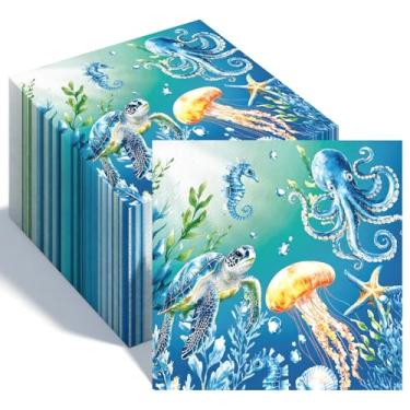 Imagem de Crtiin 100 guardanapos de decoupage guardanapos de coquetel náuticos descartáveis papel de bebida costeira toalhas de mão decorativas de praia para verão casamento almoço jantar festa (mar profundo)