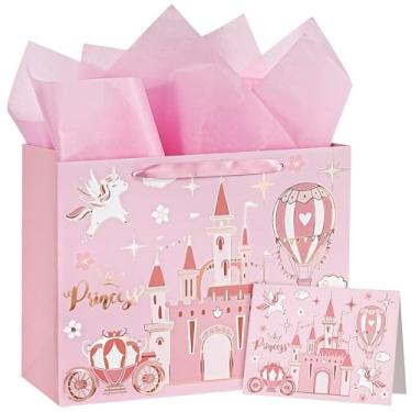 Imagem de WRAPAHOLIC Bolsa de presente de aniversário de princesa de 33 cm com cartão e papel de seda - Bolsas de design de castelo de princesa rosa para meninas, aniversário, chá de bebê e menina