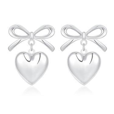 Imagem de QLYOVWE Brincos pendentes de coração dourado para mulheres, brincos com pingente de coração duplo com laço de fita, brincos de amor doce, Prata, desconhecido