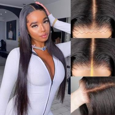 Imagem de Perucas de cabelo humano liso de 50 cm HD cabelo humano pré-arrancadas 4x4 fechamento liso perucas cabelo humano 180% densidade fechamento lace front cabelo humano liso para mulheres negras perucas sem cola
