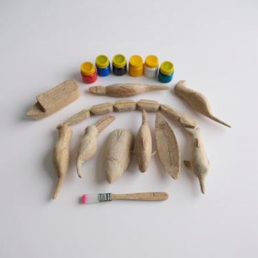 Imagem de Kit de Pintura de Brinquedos de Madeira Miriti com Pincel e Tinta, Artesanato Infantil, Figuras de Animais e Objetos para Colorir - 6 cores