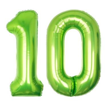 Imagem de SULALABOO Balão grande número 10 verde de 101 cm com número de hélio grande limão gigante digital 10ª folha Mylar balão grande para festa de aniversário de meninos decorações de formatura