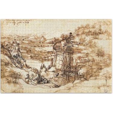 Imagem de Quebra-cabeça Leonardo da Vinci paisagem Arno Valley 500 peças para adultos presentes tecnológicos de jogos quebra-cabeça cena de outono flor pintura animal, 50 x 37 centímetros