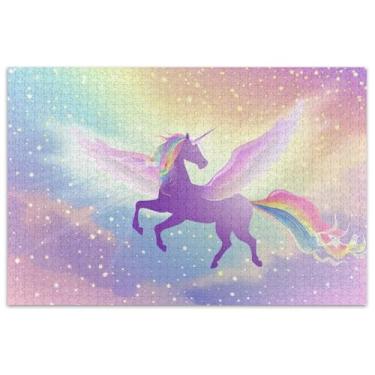 Imagem de Quebra-cabeça de unicórnio majestoso arco-íris para adultos 1000 peças cenário floral divertido quebra-cabeça amigos família jogos presentes