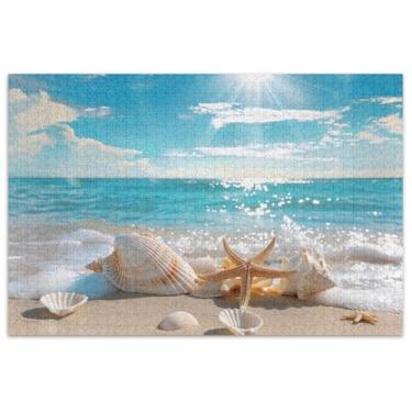 Imagem de Quebra-cabeça de concha do mar com estrela do mar, 1000 peças, adultos, arte de flor, quebra-cabeças difíceis, presentes de festa de elefante branco