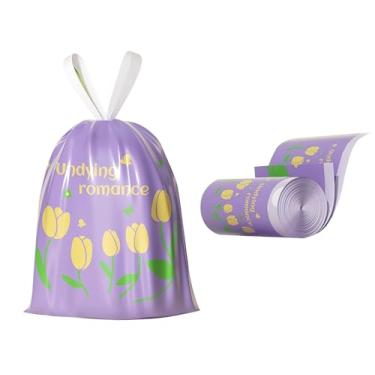 Imagem de 50 sacos de lixo de 4 galões com cordão e forro de plástico separado sem rasgos para banheiro, escritório, casa, quarto, pequenos sacos de lixo (tulipa roxa, 50 unidades)