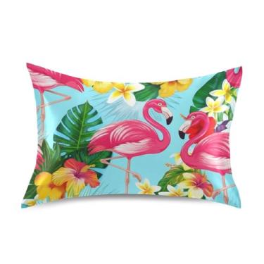 Imagem de Fronhas de cetim legais refrescantes personalizadas King Queen padrão capas de travesseiro macio tamanho queen 76.2 cm x 50.8 cm flores tropicais flamingos rosa