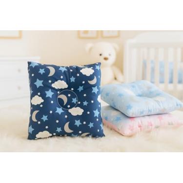 Imagem de Travesseiro Anatômico Bebê para Berço e Carrinho, Estampa Céu com Estrelas e Luas, Fibra Siliconada Hipoalergênica, 27x37cm (Azul Marinho)