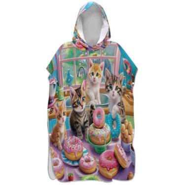 Imagem de Joisal Roupão de gato fofo com donuts para adultos, poncho de surfe, ponchos de praia leves para homens, toalha de banho com capuz de praia