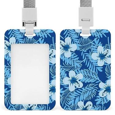 Imagem de Porta-crachá de identificação azul tropical de verão sem costura com cordão, suporte de cartão de plástico com clipe removível para estudante, professor, enfermeira, escritório, 11 x 6,9 cm