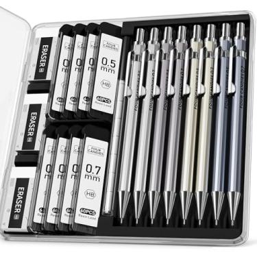 Imagem de Four Candies 8 lápis mecânicos de metal – 0,5 e 0,7 mm com 8 tubos HB #2 refis de chumbo, conjunto de borracha e refis de borracha, pacote de 20 unidades com capa, lápis de chumbo mecânicos para