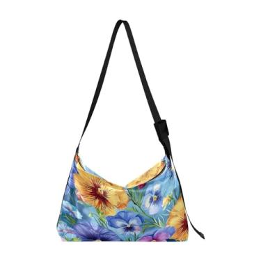 Imagem de GAIGEO Bolsa transversal de couro amores-perfeitos e flores em aquarela, bolsa transversal de couro com alça larga de couro, bolsa tiracolo masculina, Amores-perfeitos e flores em aquarela - 1, One