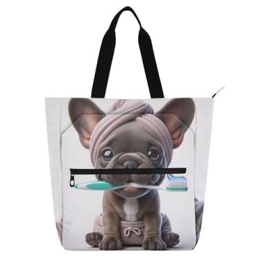 Imagem de GAIGEO Bolsa de ombro Bulldog fofa para mulheres e crianças com zíper para amantes de livros, escola, trabalho, bolsa de ombro média, lona utilitária
