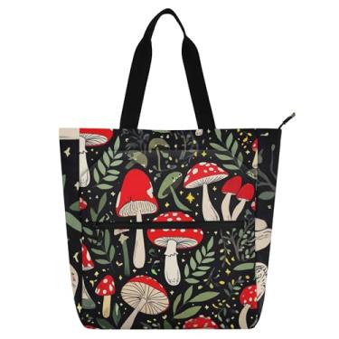 Imagem de GAIGEO Bolsa de trabalho feminina preta com cogumelos em lona, bolsa escolar universitária, presente para amantes de livros