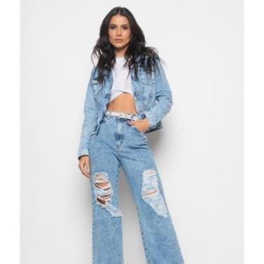 Imagem de Calça Salvatore Fashion Wide Leg Jeans Destroyed Feminina-Feminino