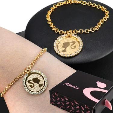 Imagem de Pulseira feminino bracelete dourada strass original caixa - Barbie