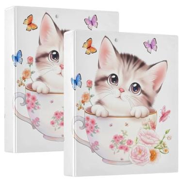 Imagem de Copo gatinho borboleta floral gato 3,8 cm 3 fichários comporta 200 folhas fofas pastas de portfólio redondo fichário de visualização de anel redondo, 31,5 x 27 x 6 cm, 1 pacote