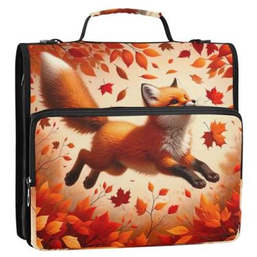 Imagem de Fichários engraçados de 3,8 cm, 3 anéis, resistente, outono, folha de raposa, pasta de armazenamento com zíper, pasta de portfólio de armazenamento com alça escolar, bolsa com alça de ombro