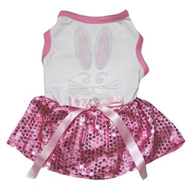 Imagem de Petitebella Vestido de pano para cachorro com rosto de coelho brilhante camisa branca tutu de lantejoulas rosa (GG)
