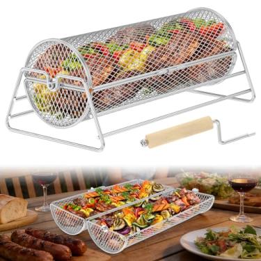 Imagem de Cesta de grelha rolante com suporte, cozimento uniforme, aço inoxidável 304, tubo de rede para churrasco com alça de madeira removível, pode ser lavada na lava-louças para vegetais, frutos do mar