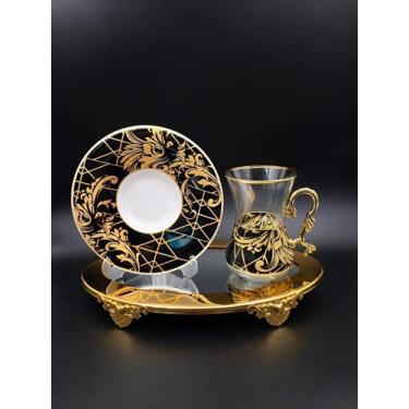 Imagem de Xícaras e pires turcos vintage, 6 conjuntos, com alças, decorações douradas de serviço e bebidas, presentes de casa (100 ml)