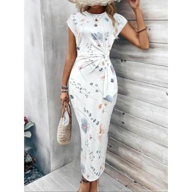 Imagem de Vestido midi floral em aquarela branco - vestido colado ao corpo de manga curta com cintura torcida, Branco, Small